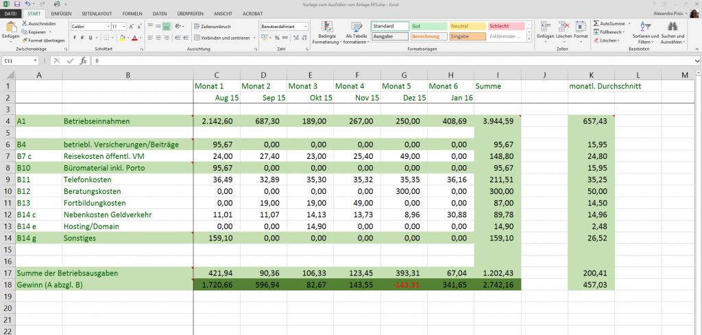 Excel-Tabelle zur Anlage EKS