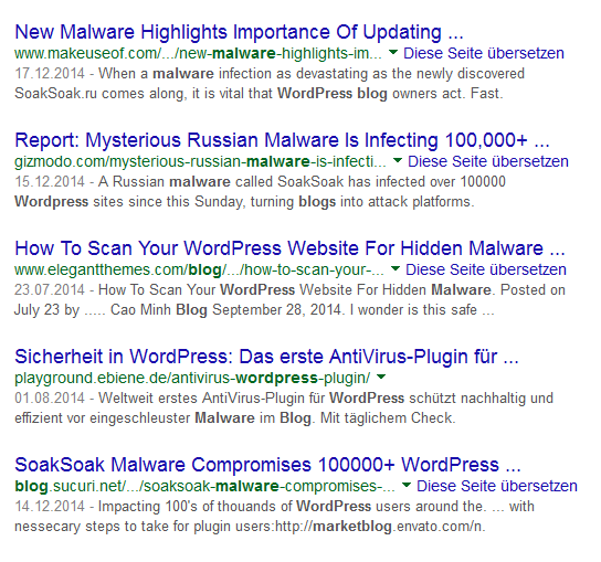 Google-Ergebnisse für WordPress Malware