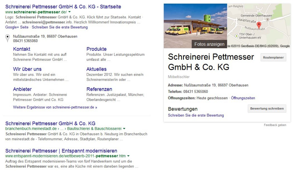 Screenshot Google Schreinerei Pettmesser