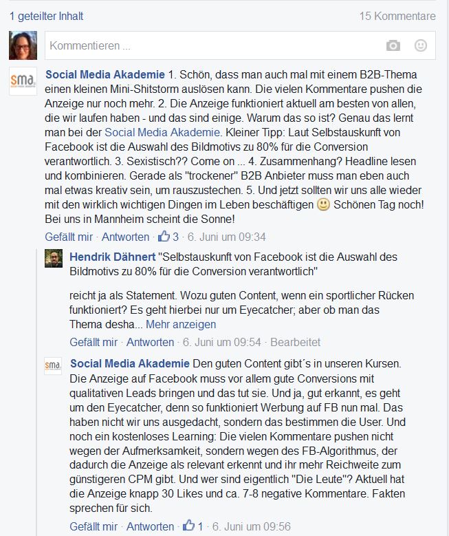 Screenshot der Kommentare zum Post der Social Media Akademie, die Akademie versucht sich zu rechtfertigen