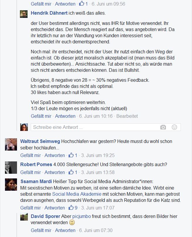 Screenshot der Kommentare zum Post der Social Media Akademie, Kritik an der Anzeige und der Bildauswahl