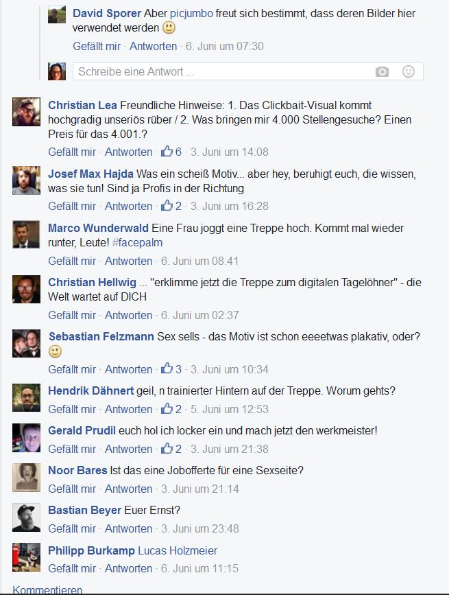 Screenshot der Kommentare zum Post der Social Media Akademie, Kritik an der Bildauswahl